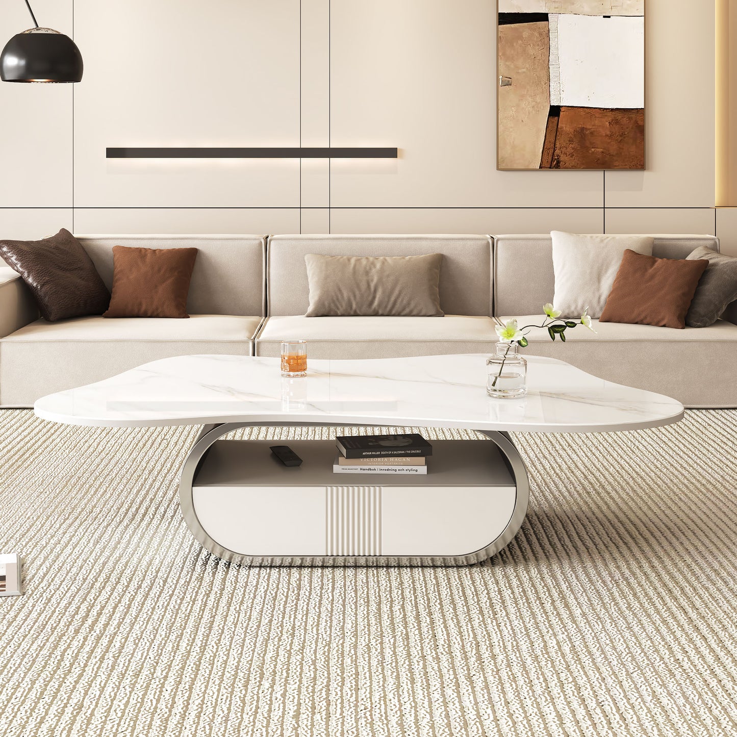 Modern Coffee Table with Sintered Stone Top & Storage Shelf - Grey White