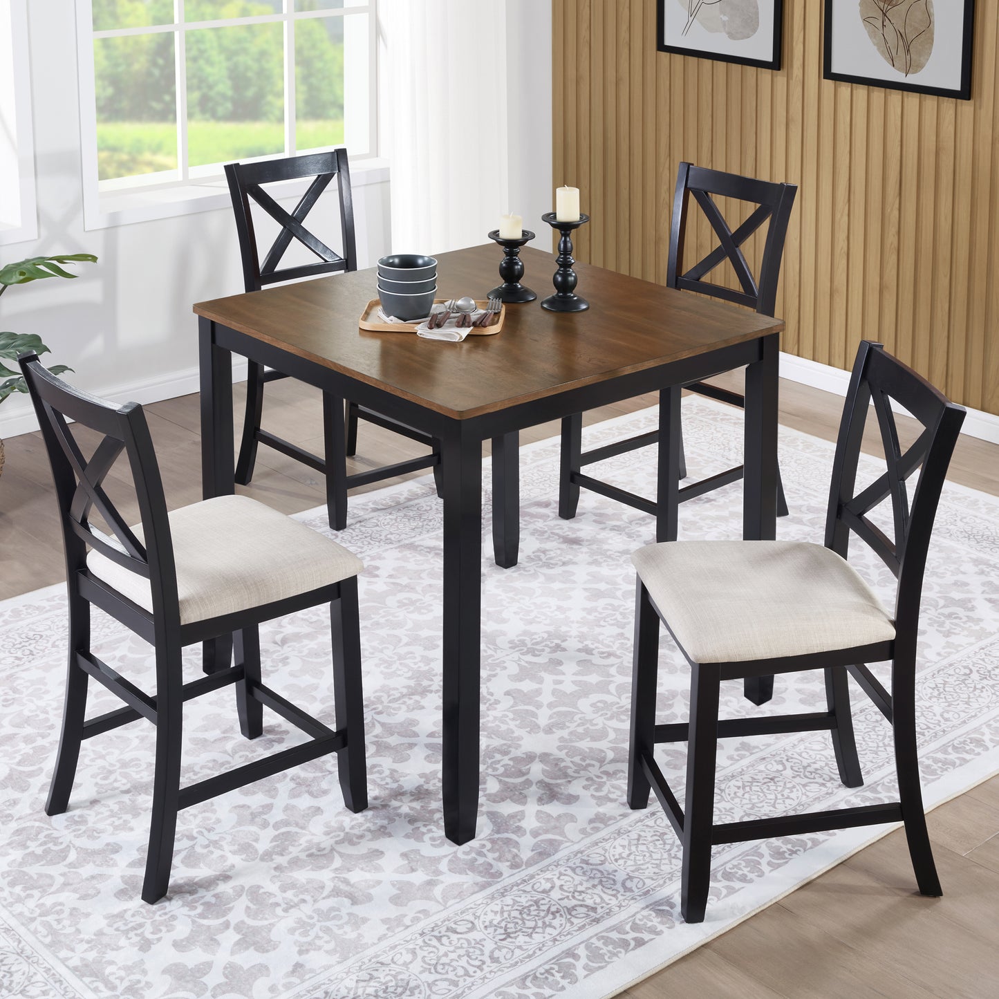 Counter Height Dining Table Set with 4 Chairs - Black & Oak