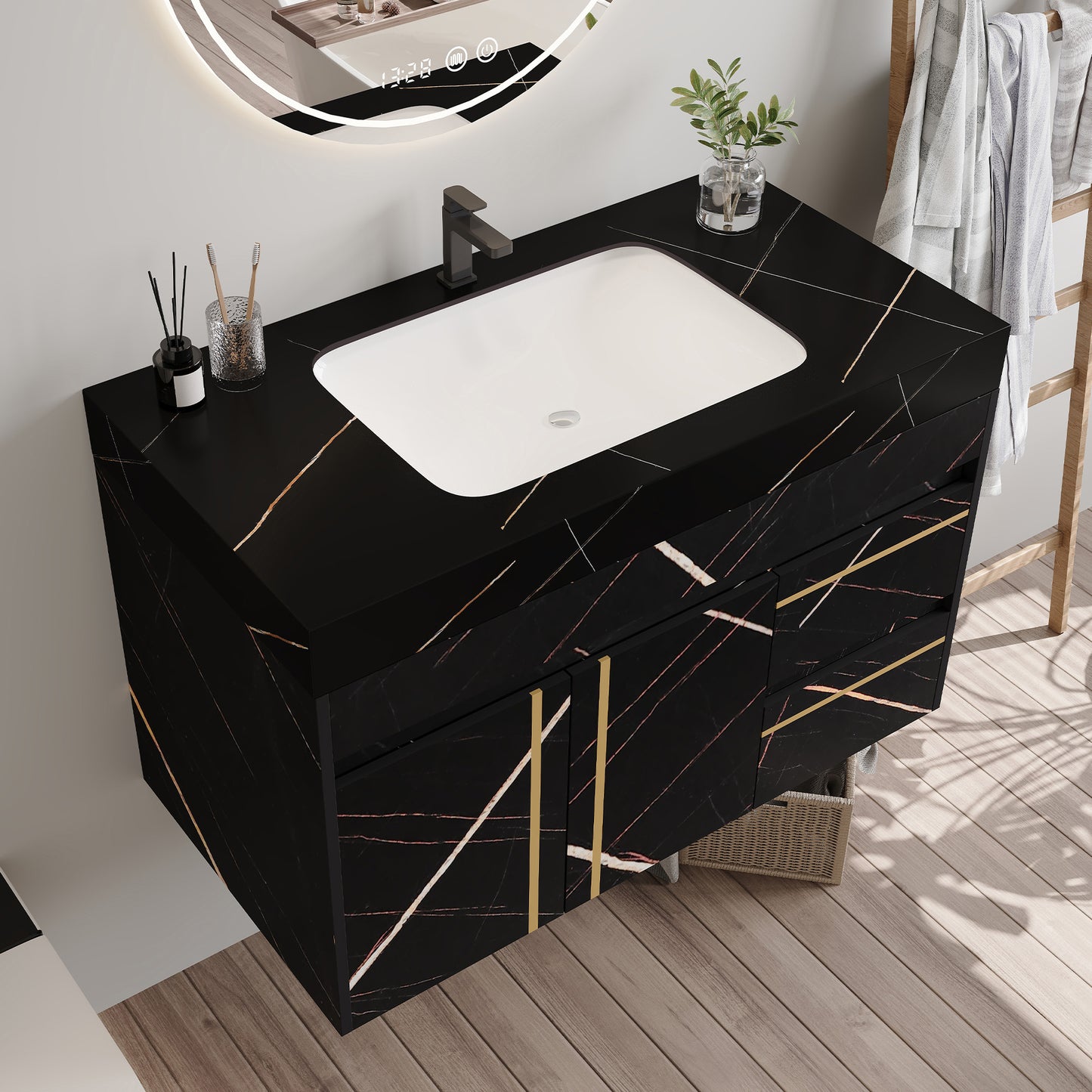 35.2" Floating Bathroom Vanity with Sink & Faux Marble Top - White/Black