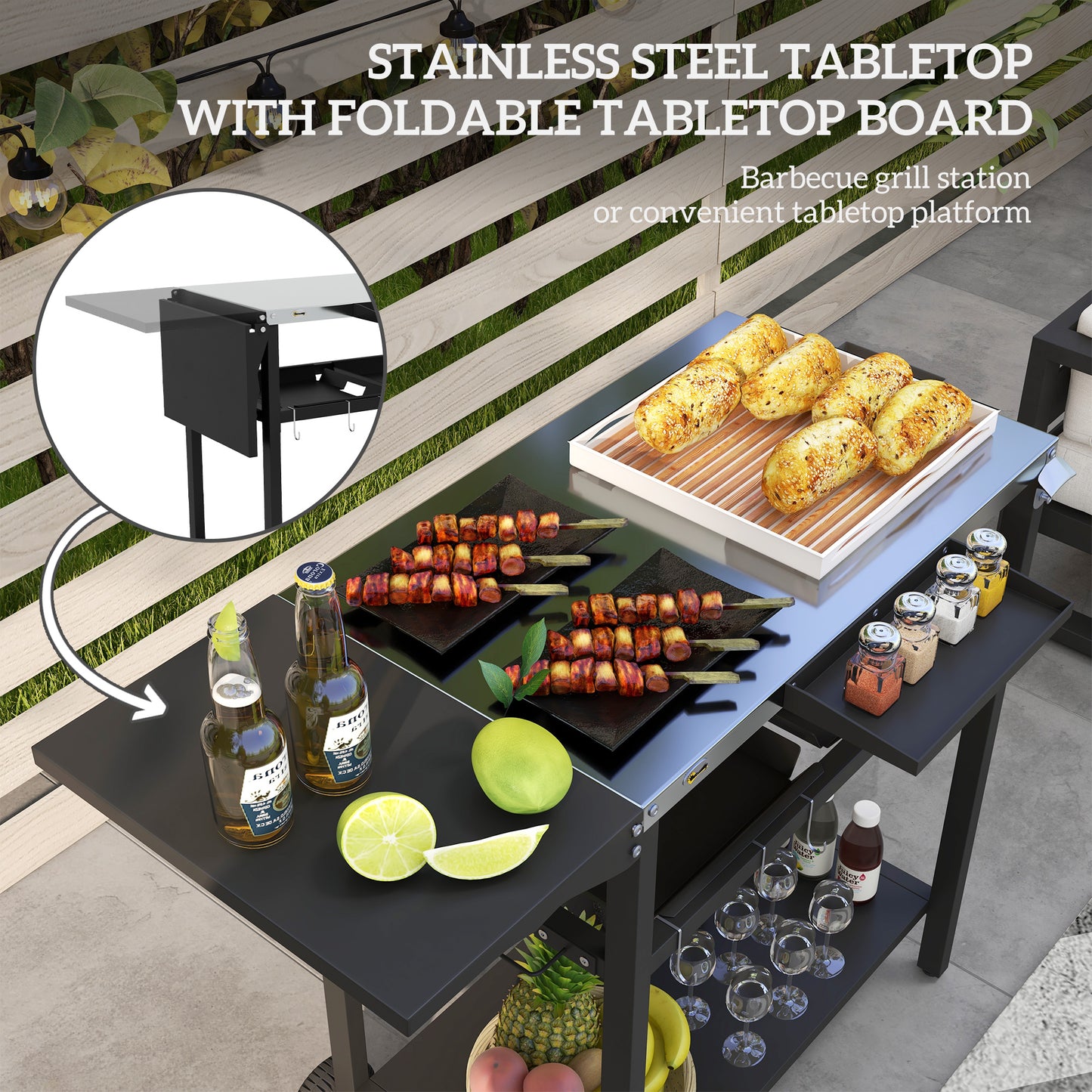 2-Tier Outdoor Bar Cart with Stainless Steel Top - Black