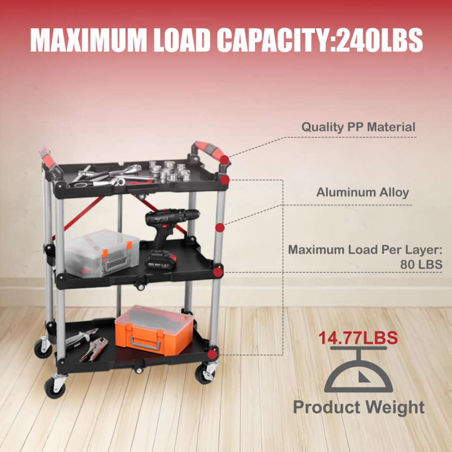 Heavy Duty Foldable Utility Service Cart with 3 Shelves, Swivel Wheels & Handle