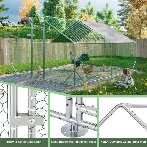 Large Metal Chicken Coop with Walk-In Run, PVC Coated Wire Mesh, Waterproof Cover
