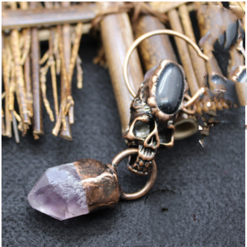 Exaggerated Bull Head Necklace Pendant with Amethyst Crystal - Unisex Jewelry