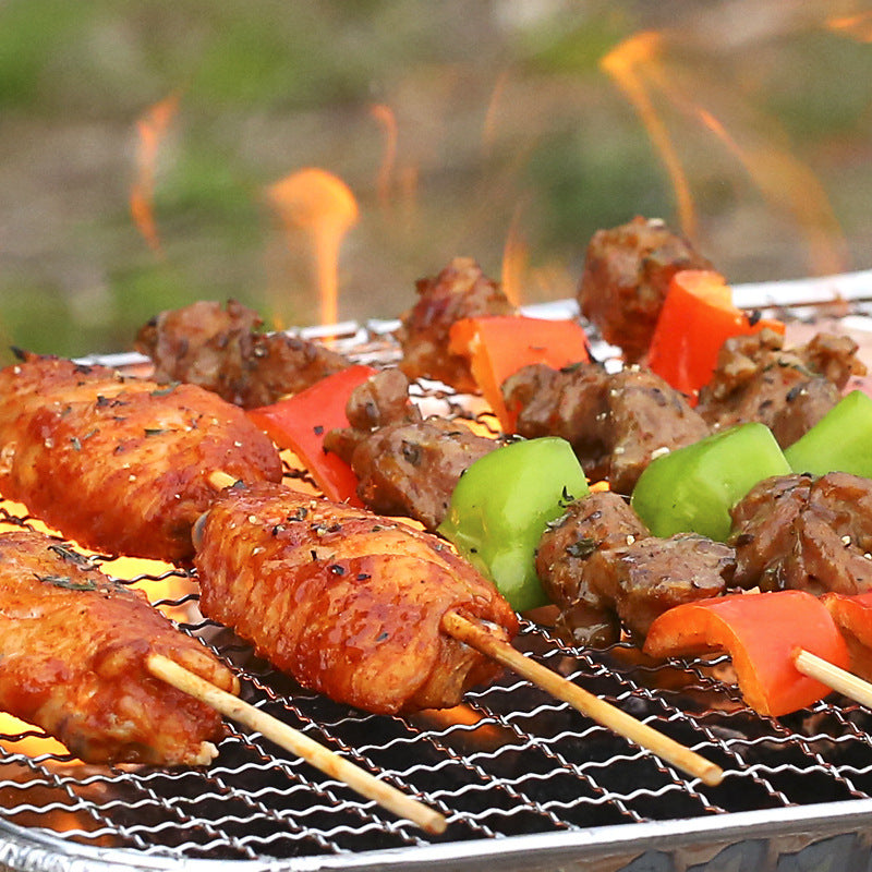 Portable Charcoal BBQ Grill with Skewers and Accessories - White