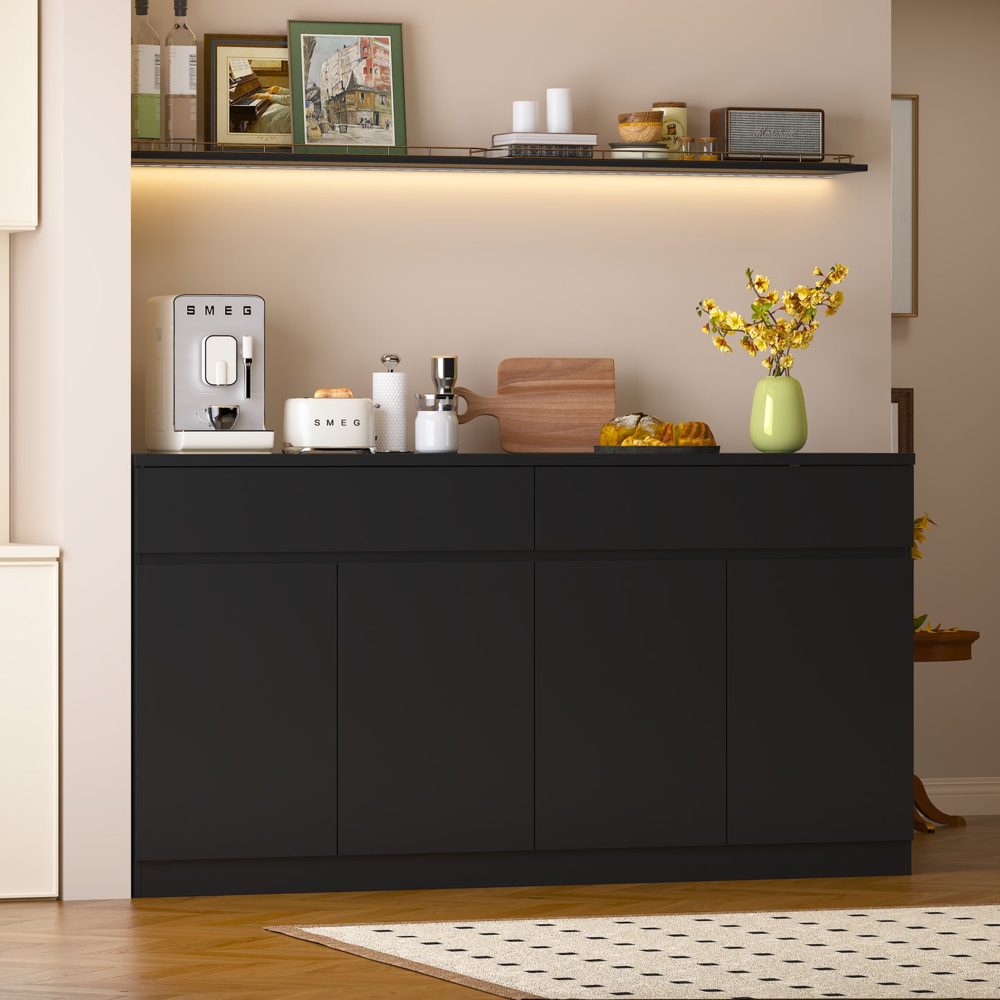 Large Black Sideboard Buffet Cabinet with Storage & 2 Drawers
