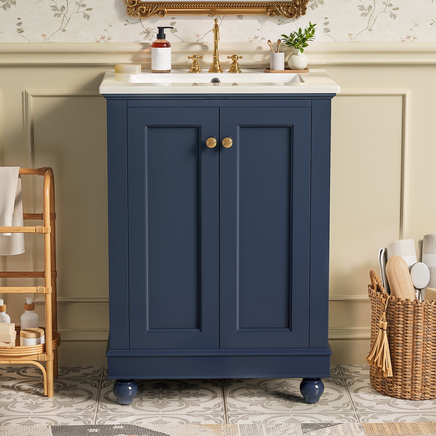24-Inch Blue Bathroom Vanity Cabinet with Ceramic Sink