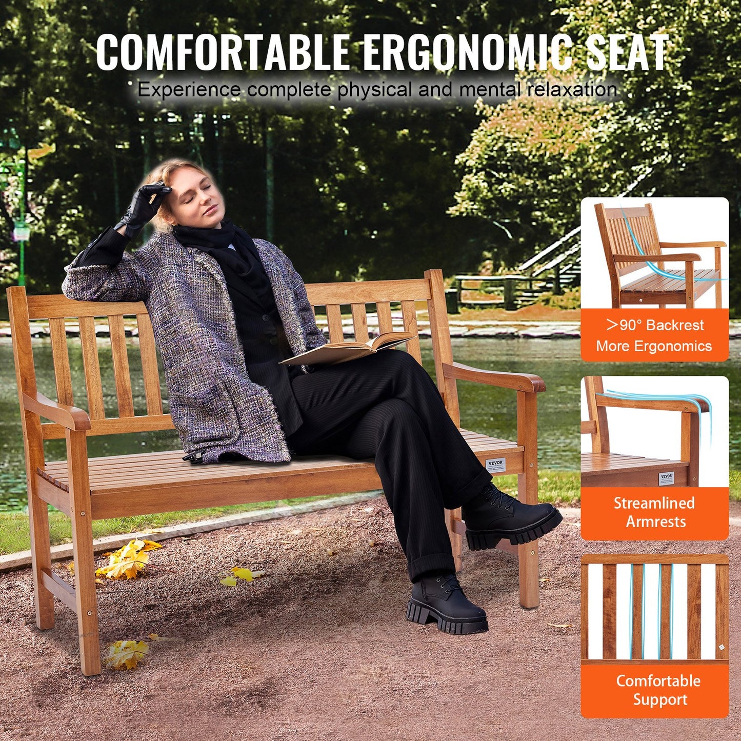 Wood Garden Bench 50 Inch Outdoor Patio Bench with Backrest & Armrests - Natural Finish