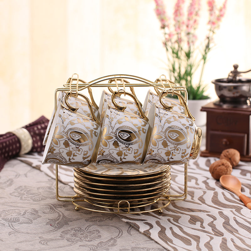 European-Style Bone China Coffee Set for 6 with Cups, Saucers & Rack - Housewarming Gift