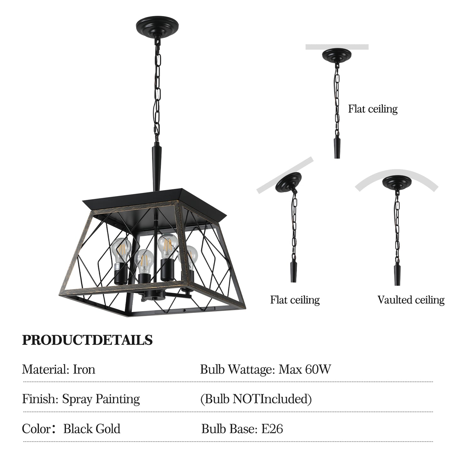 16-Inch Black Gold Industrial 4-Light Pendant Chandelier