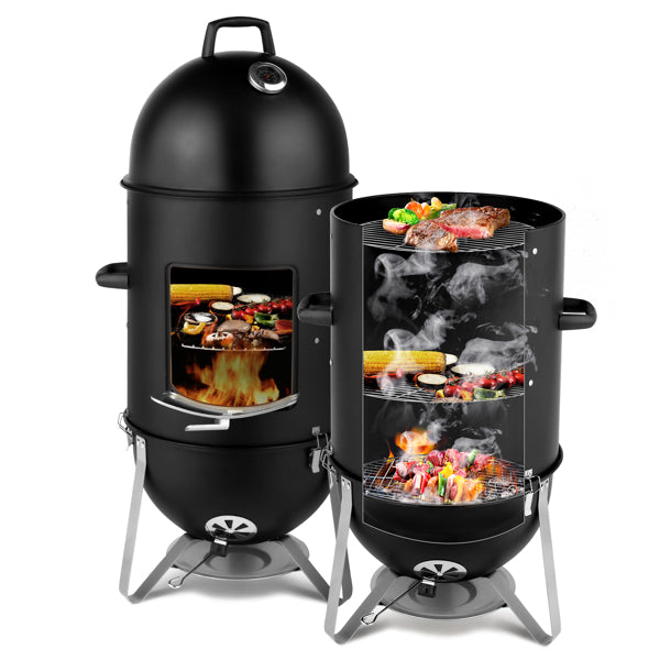 Heavy Duty Vertical Steel Charcoal Smoker - Multi-Layer Outdoor BBQ Grill