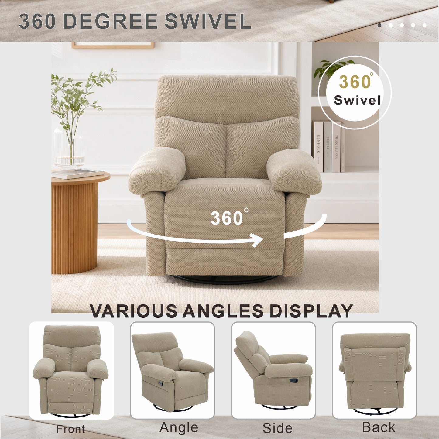 Modern Swivel Rocker Recliner Chair - Camel Fabric Armchair