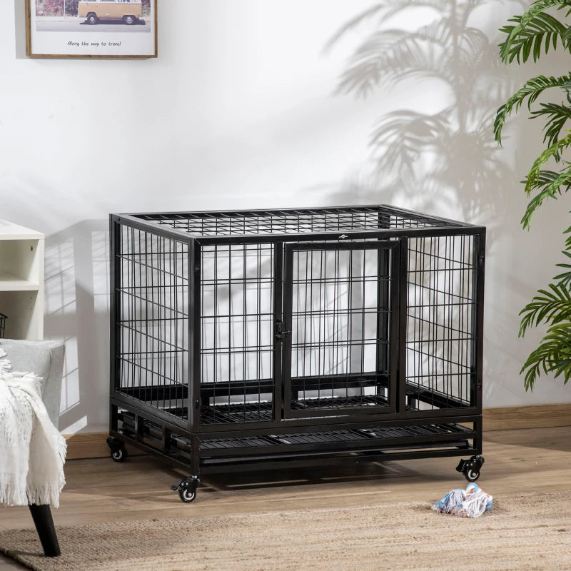 Heavy Duty Dog Crate with Removable Tray & Lockable Wheels - Medium & Large Pets, Black