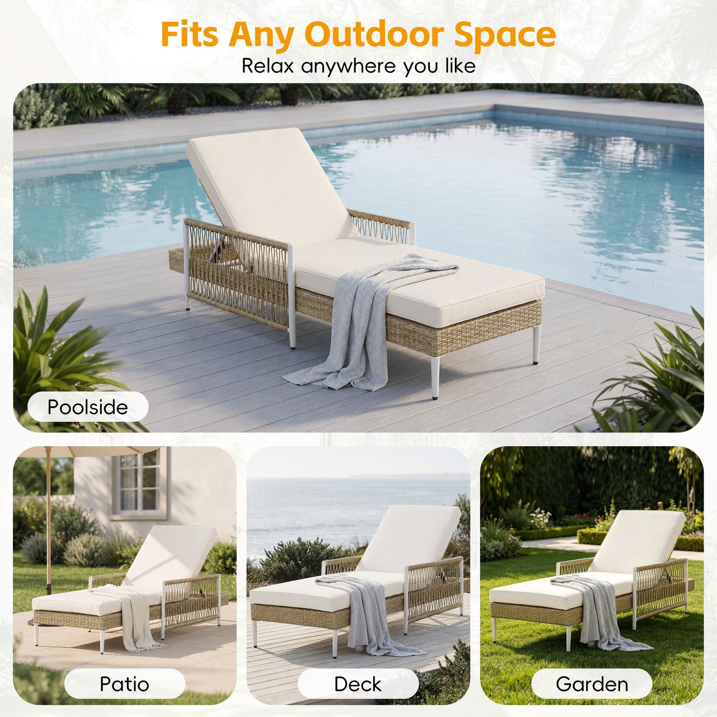 Outdoor Chaise Lounge Chair - Adjustable Recliner with Cushion, Beige