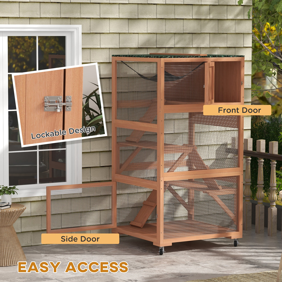 Outdoor Cat Enclosure House on Wheels with Hammock - Orange
