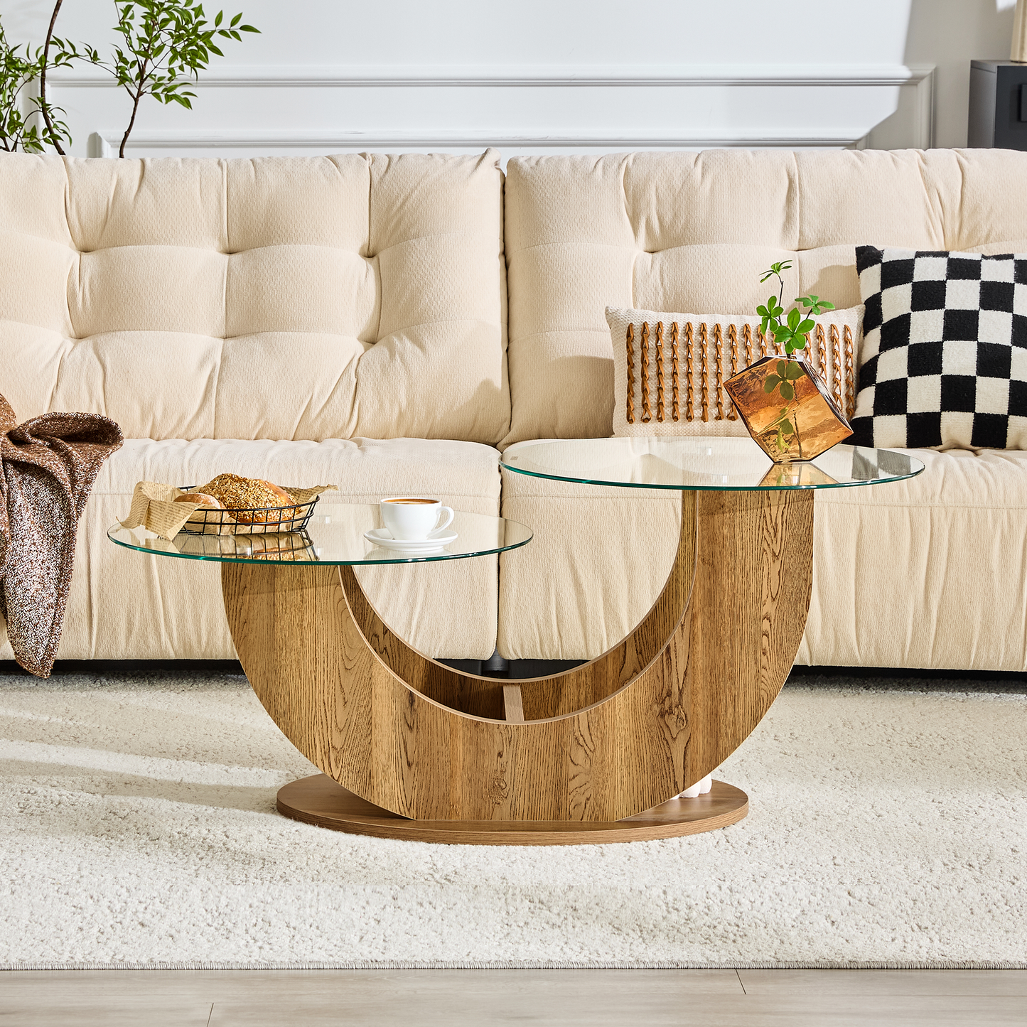 U-Shaped Double-Tier Glass Coffee Table with MDF Base