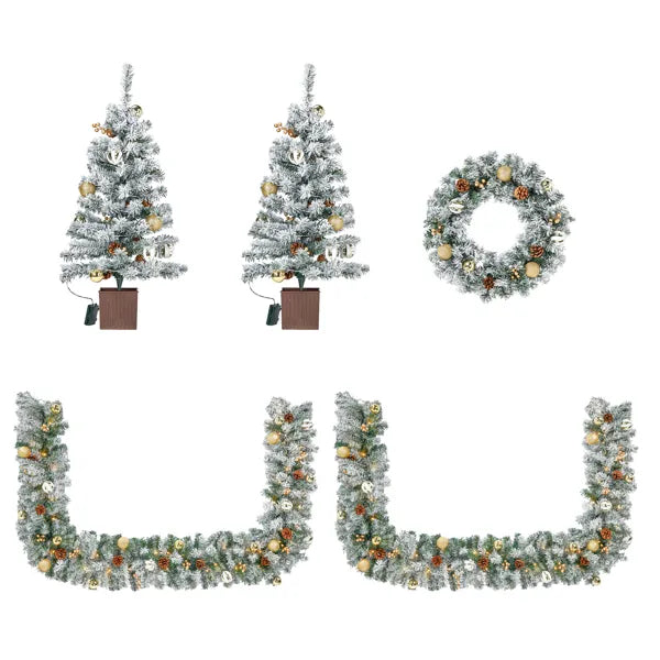 Pre-lit Christmas Decor Set - Garland, Wreath & 2 Trees with LED Lights