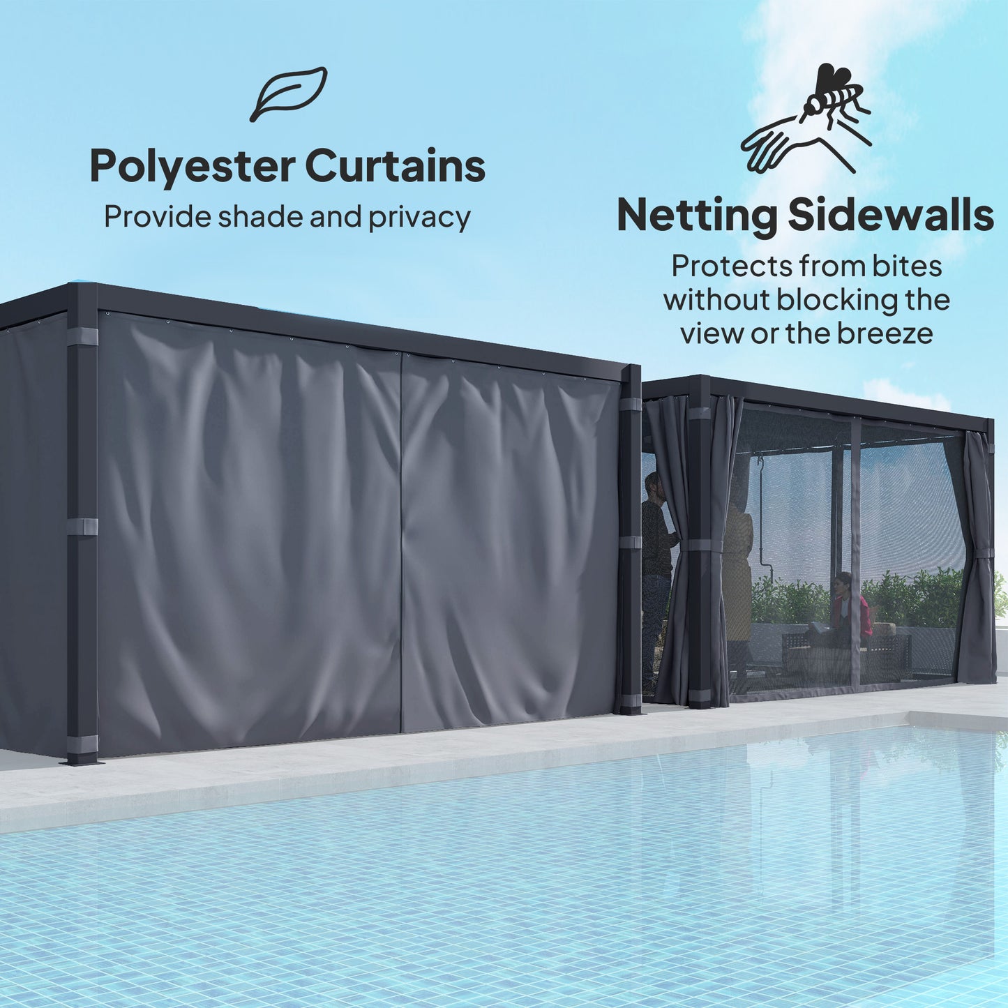 Outdoor Retractable Pergola with Louvered Roof and Curtains - Dark Gray