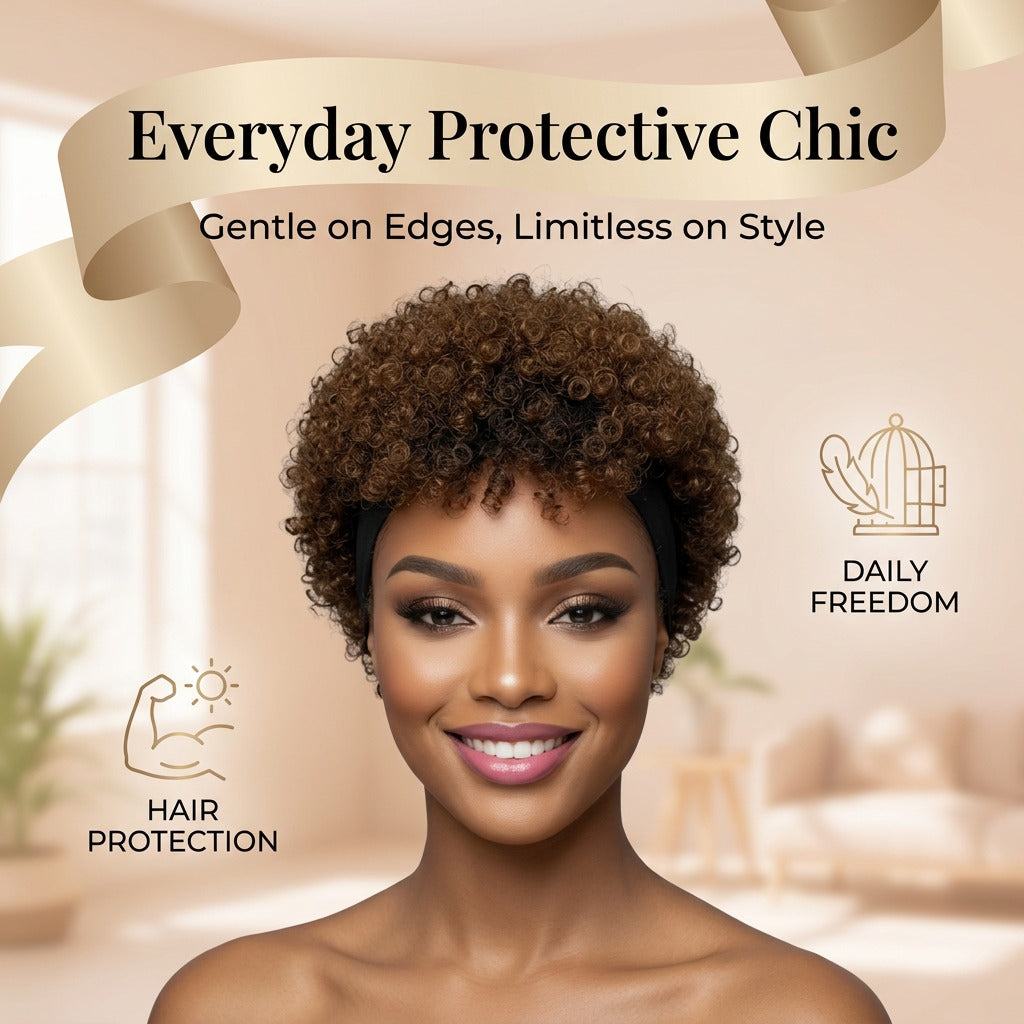 Short Kinky Curly Afro Puff Headband Wig - Natural Brown Glueless Synthetic