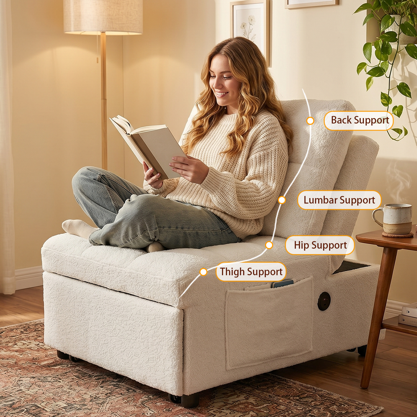 Single Sofa Bed Without Armrests, Soft Teddy Fabric Texture,