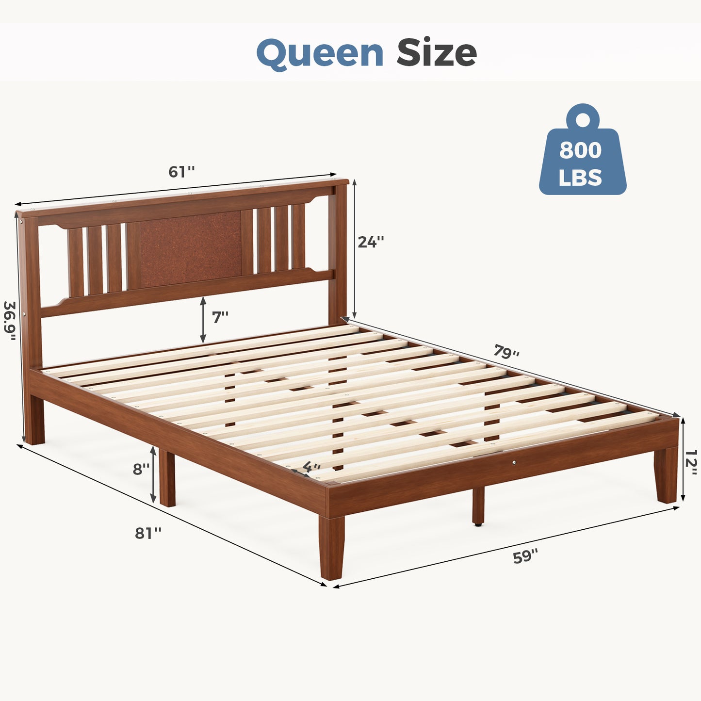 Sturdy Solid Wooden Bed Frame with Headboard - Multiple Sizes
