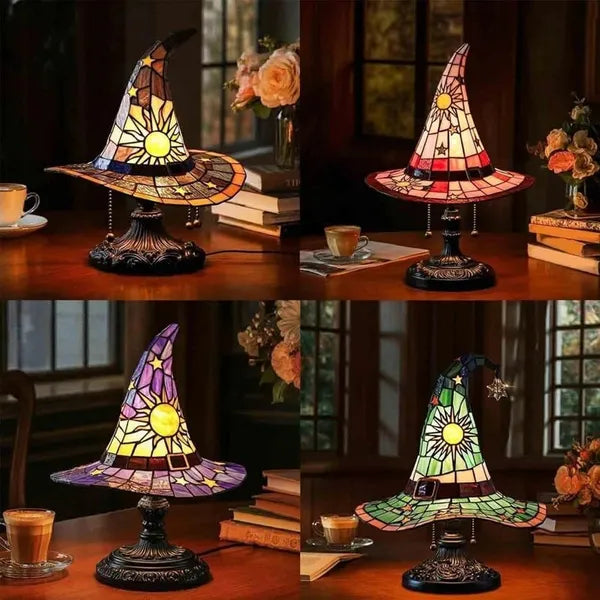 Handmade Gothic Witch Hat Night Light - Stained Glass LED Lamp
