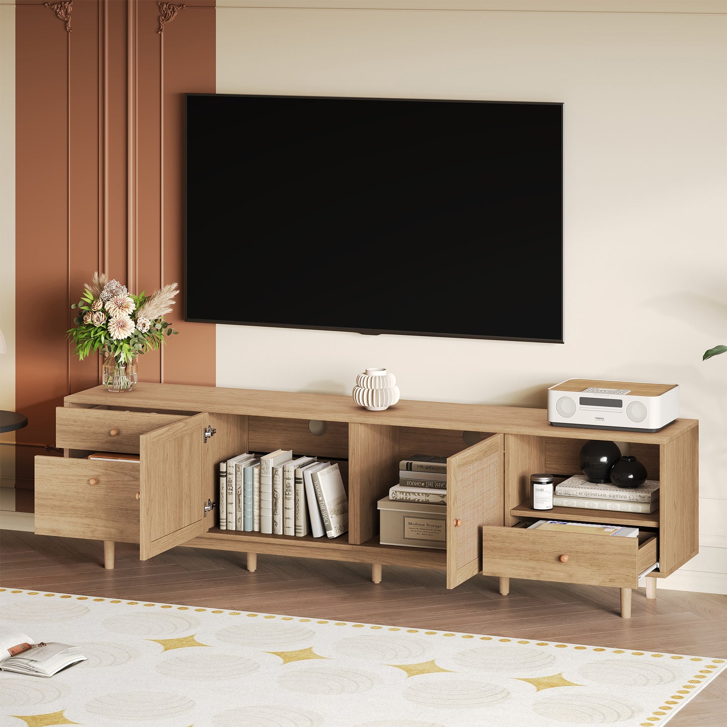 Boho TV Stand for 65-85 Inch TVs - Modern Wood Media Console with Rattan