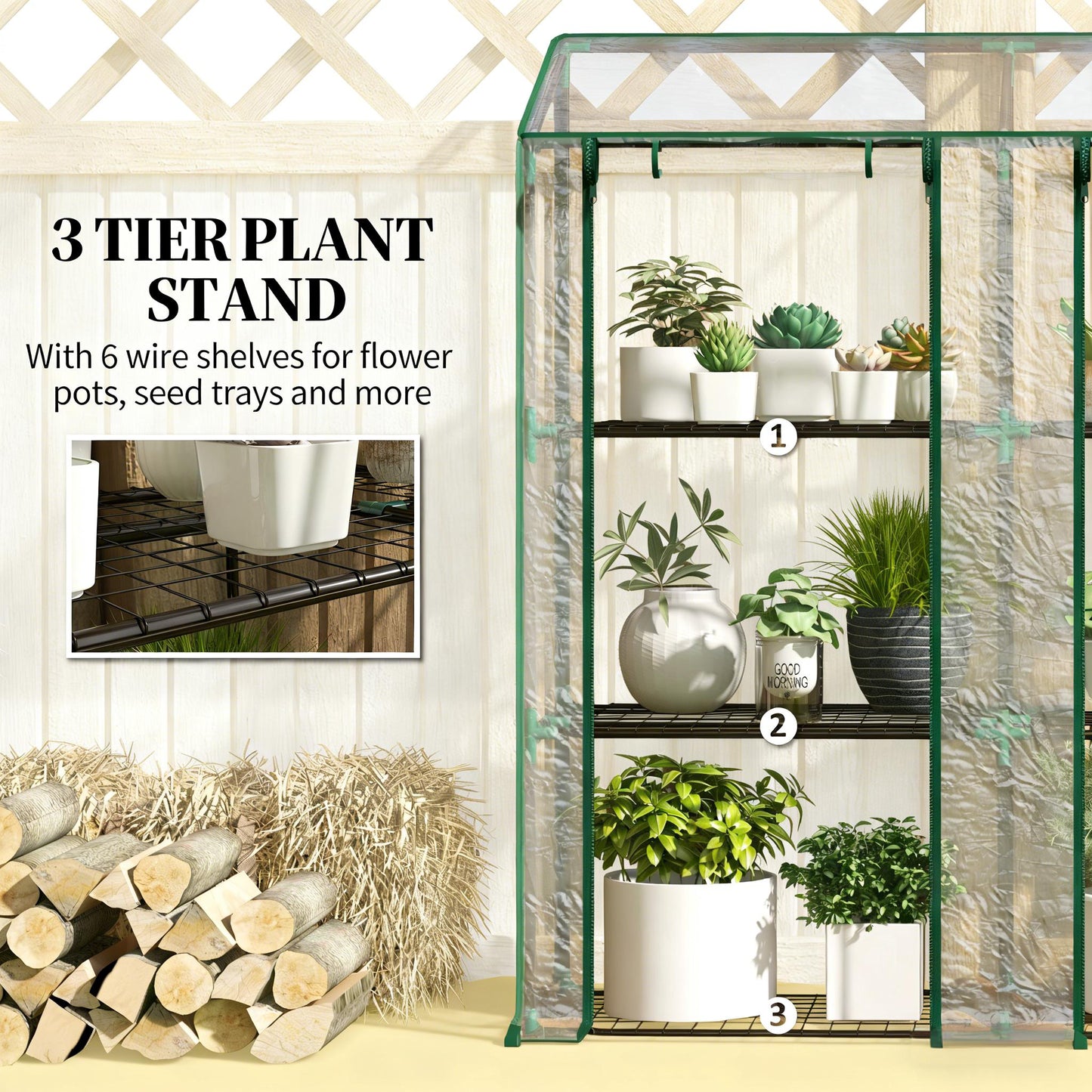 Clear Lean-To Greenhouse with Three-Tier Shelves