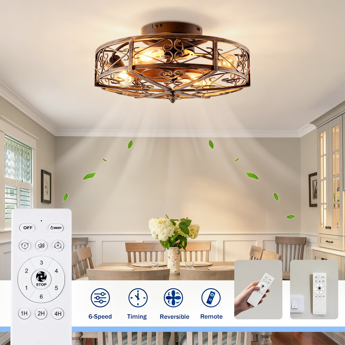 20in Ceiling Fan with Lights Remote Reversible DC Motor 6 Speeds Timer - Antique Bronze