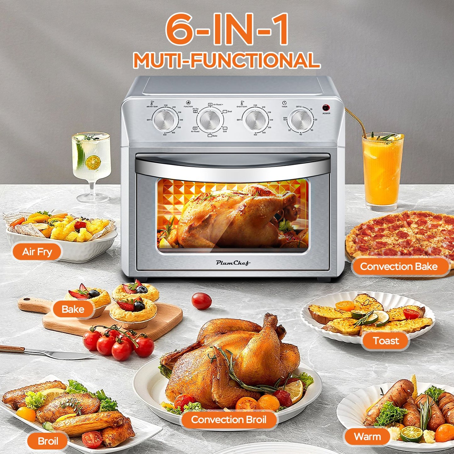 27.5QT 6-in-1 Air Fryer Toaster Oven - Stainless Steel