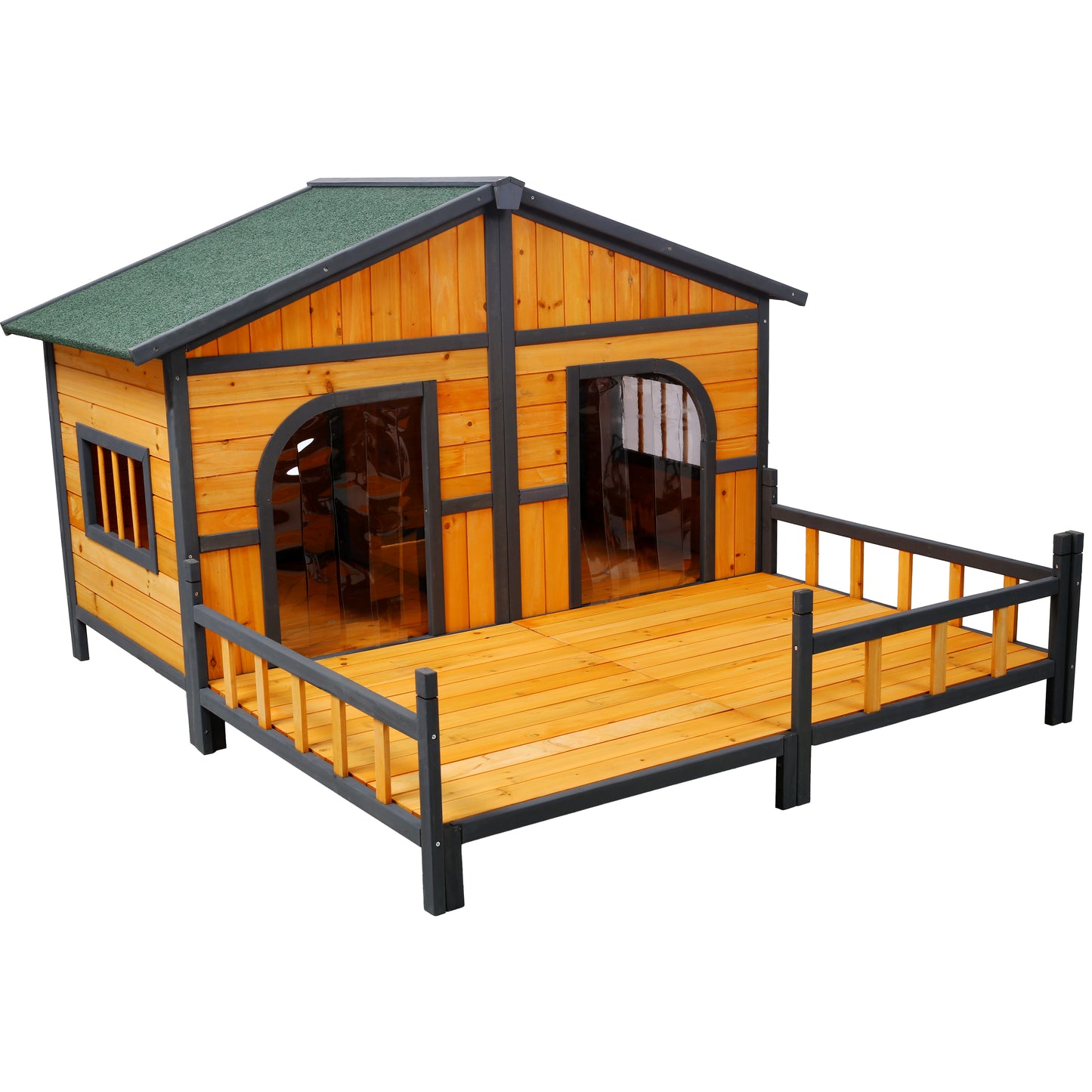 Large Wooden Dog House Outdoor Double Kennel with Porch & Elevated Floor