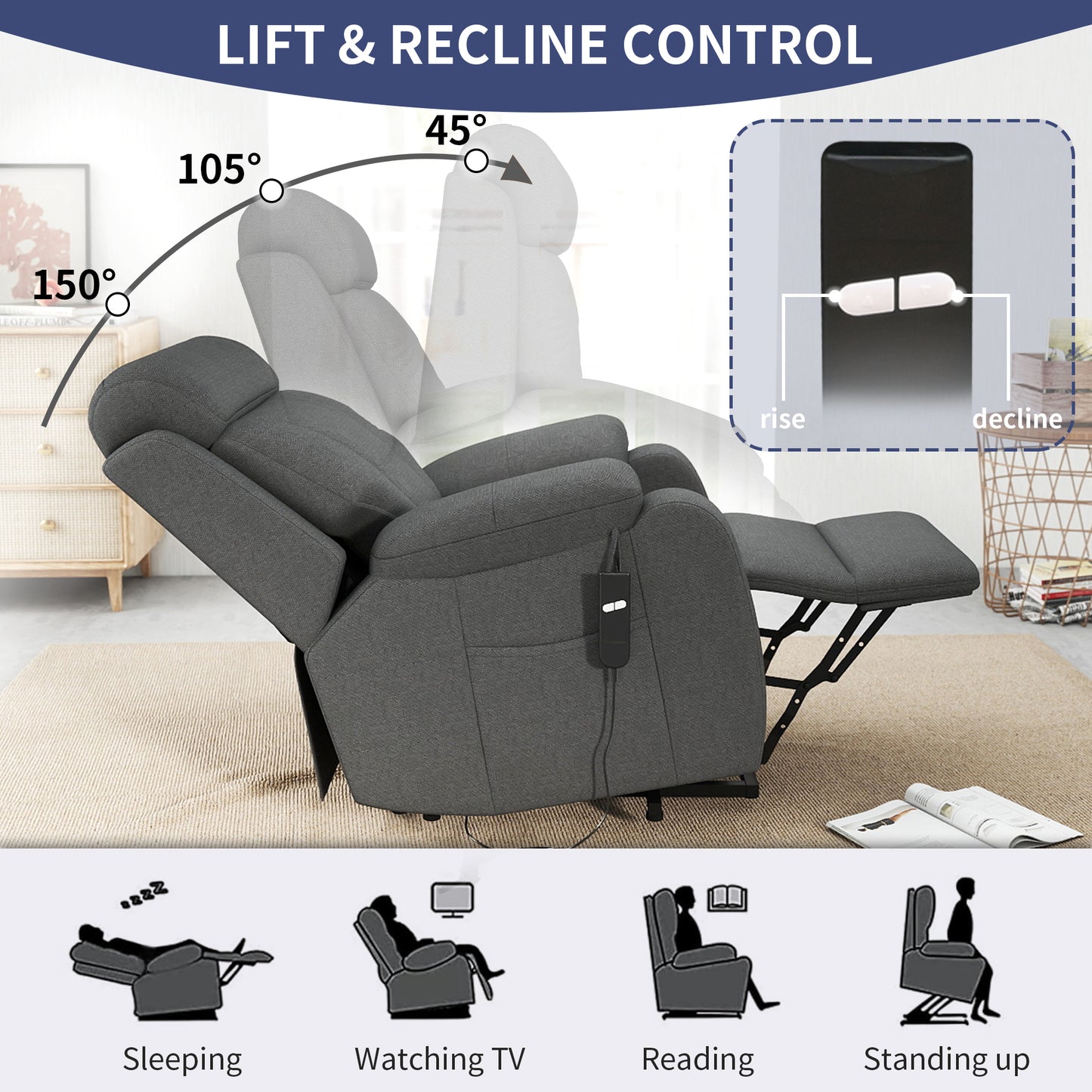 Power Lift Recliner for Elderly - Adjustable Dark Gray Velvet Chair