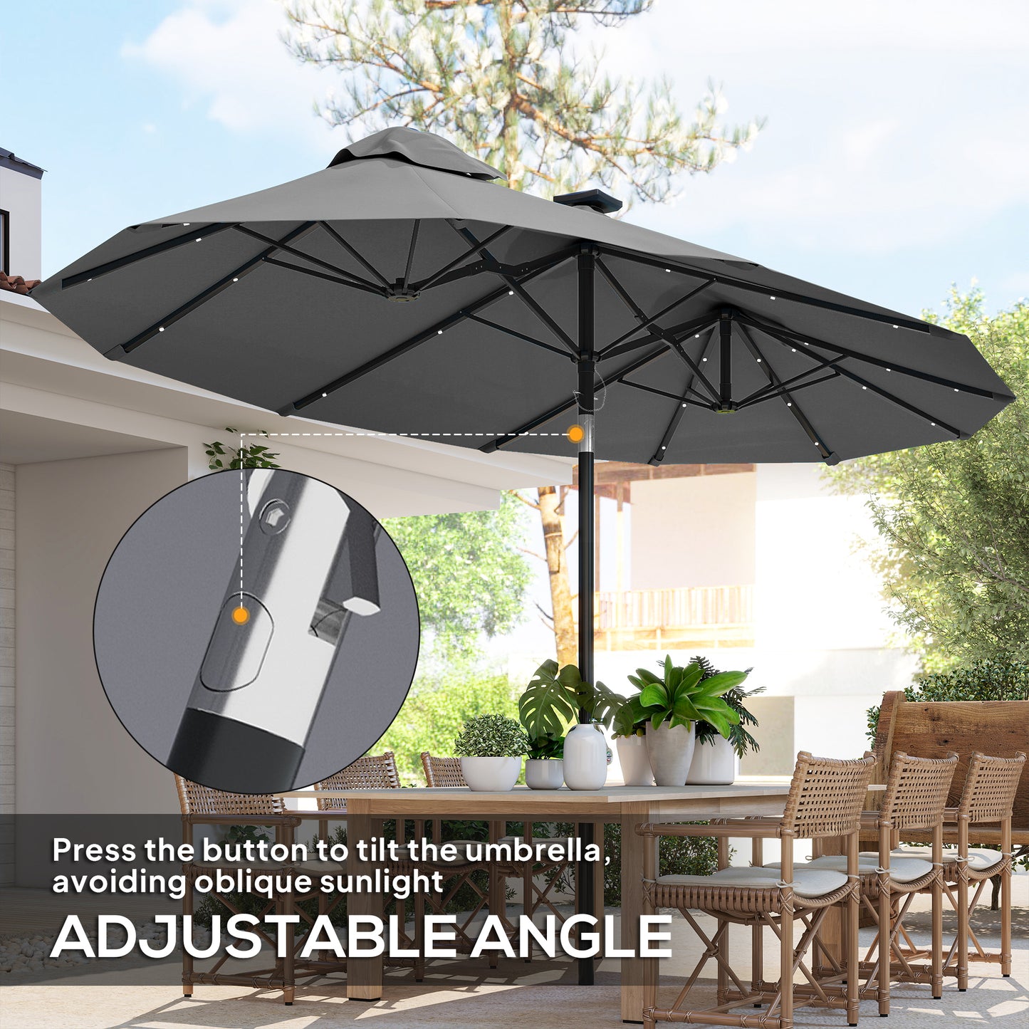 Double-Sided Patio Umbrella with Solar LED Lights - Gray