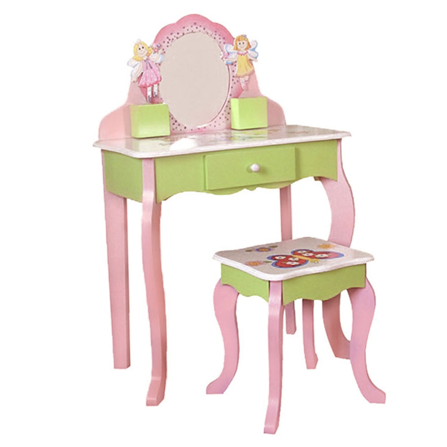 Kids Vanity Set With Mirror Drawer Flower Fairy Design Wooden Toddler