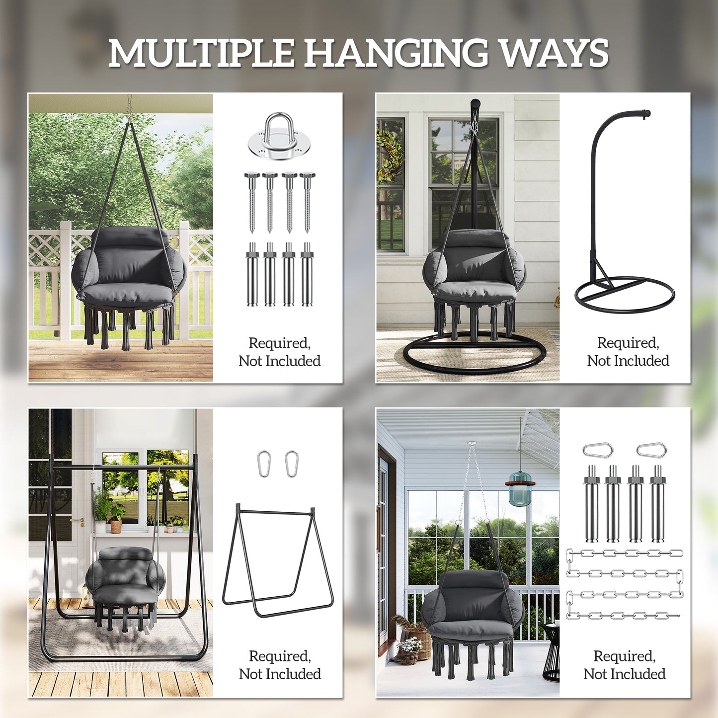 Macrame Hanging Hammock Chair with Large Cushion - Dark Gray