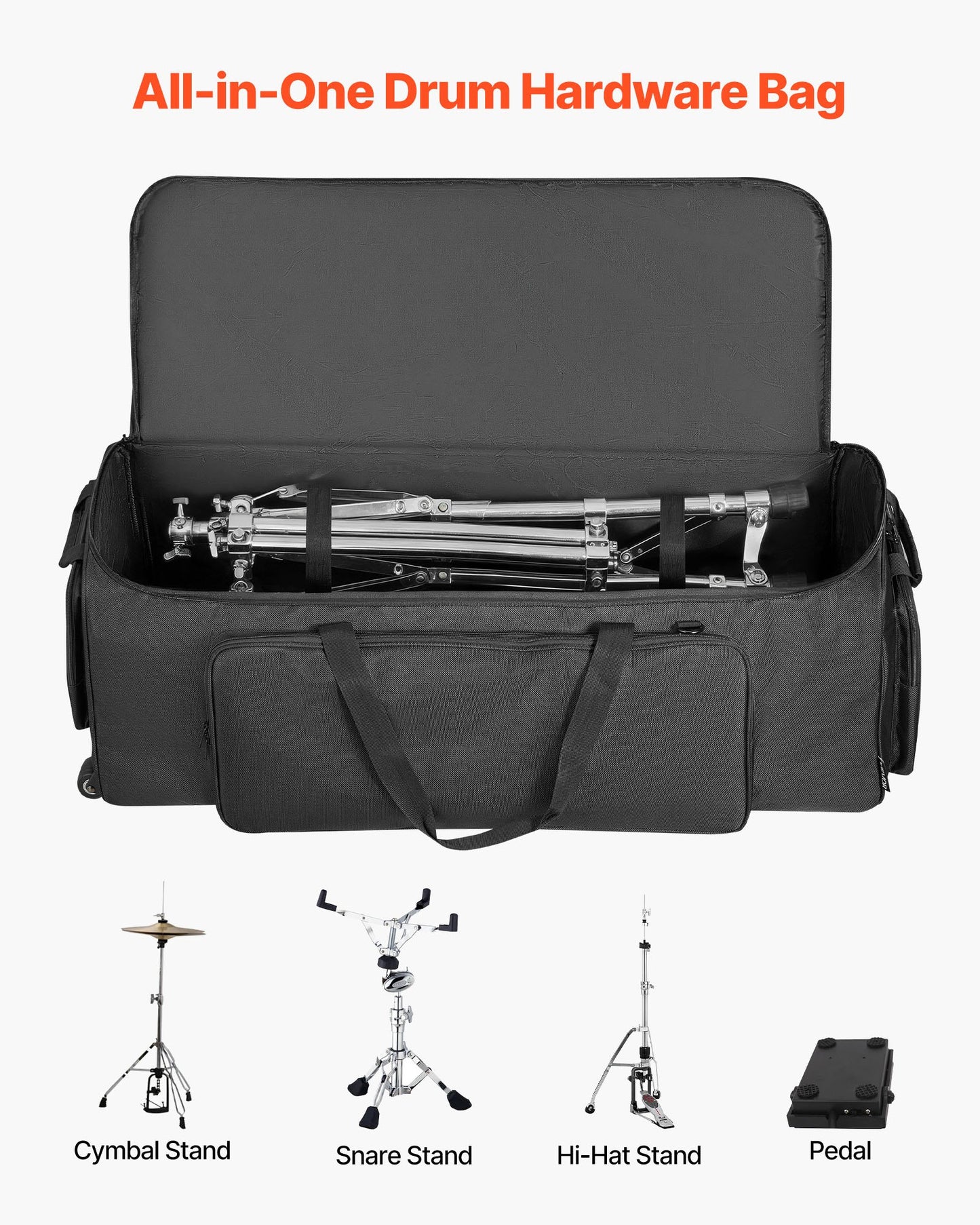 Wheeled Drum Hardware Bag 1680D Carrying Case for Drum Stands & Accessories