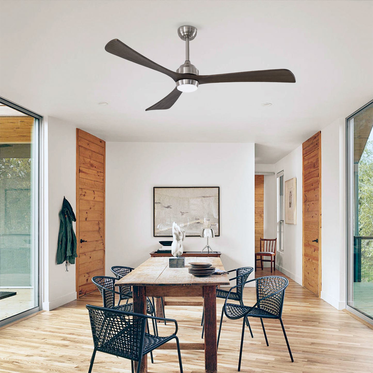 62" Solid Wood Blades Ceiling Fan with Lights & Remote Control - Nickel