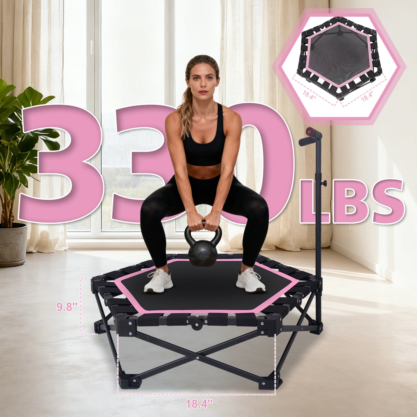 Foldable Mini Trampoline for Adults - 330lbs Capacity, Adjustable T-Bar, Indoor & Outdoor Workout - Pink