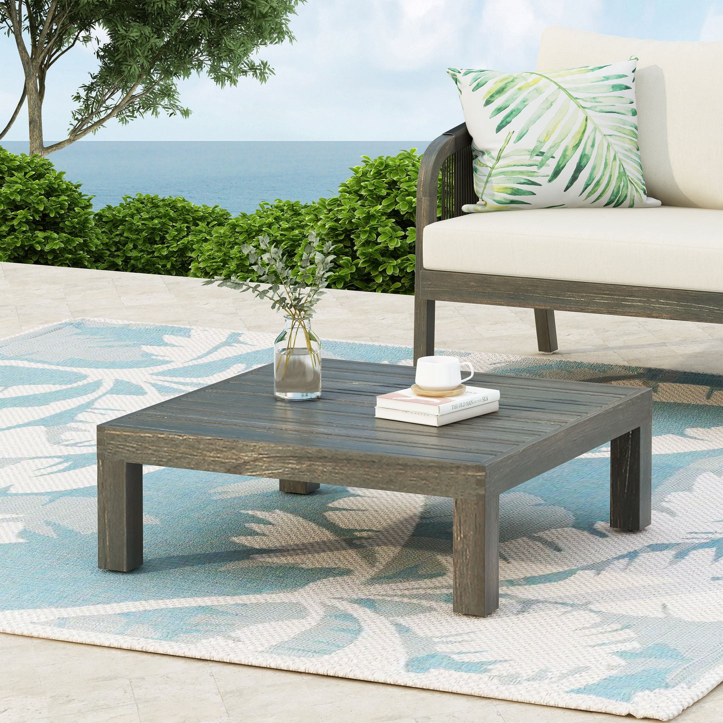 Acacia Wood Coffee Table with Slat Panel Design - Grey