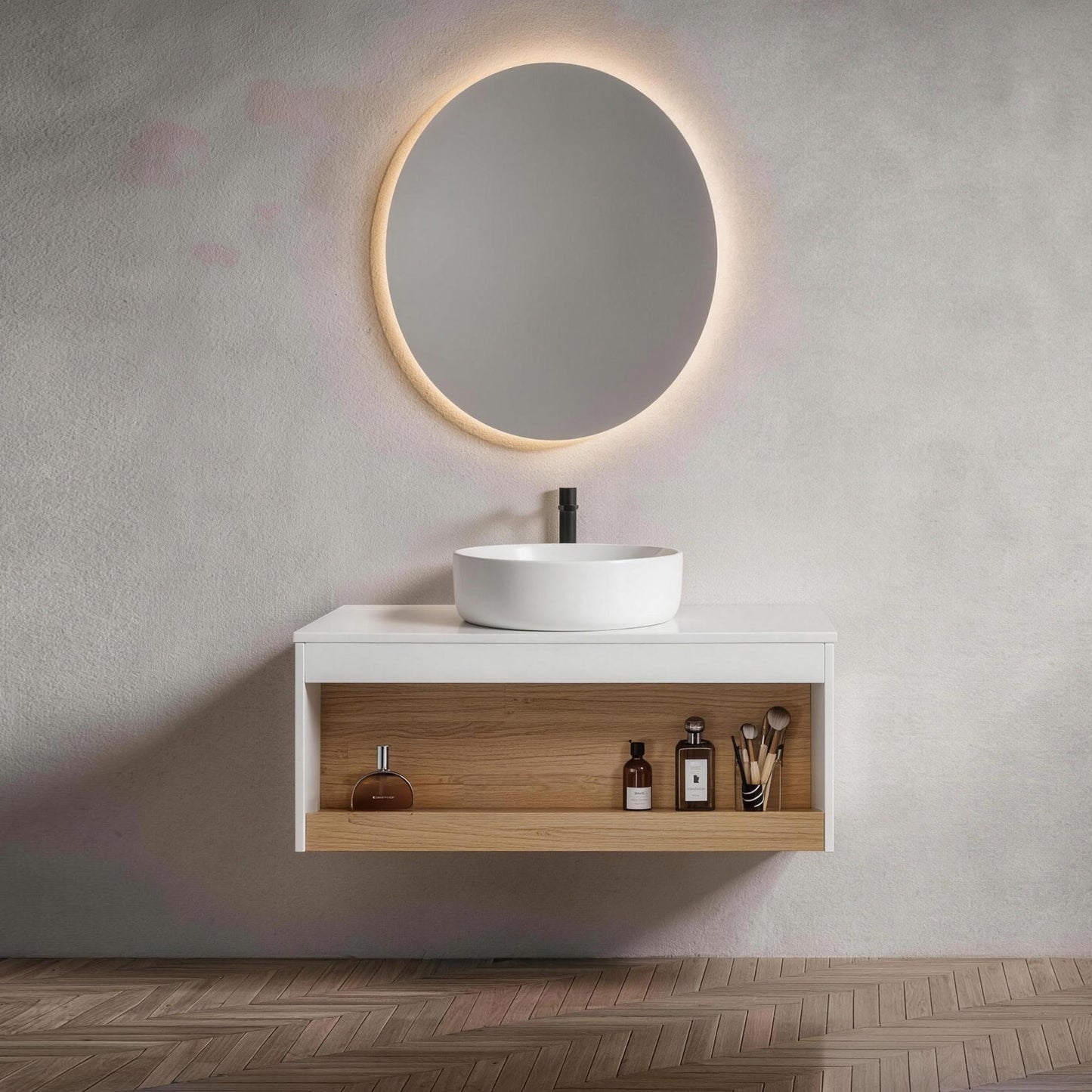 36" Floating Bathroom Vanity with White Round Vessel Sink