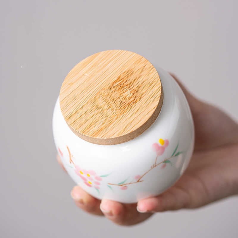 Hand Painted Peach Blossom Tea Jar Chinese Style Ceramic Storage Bottle