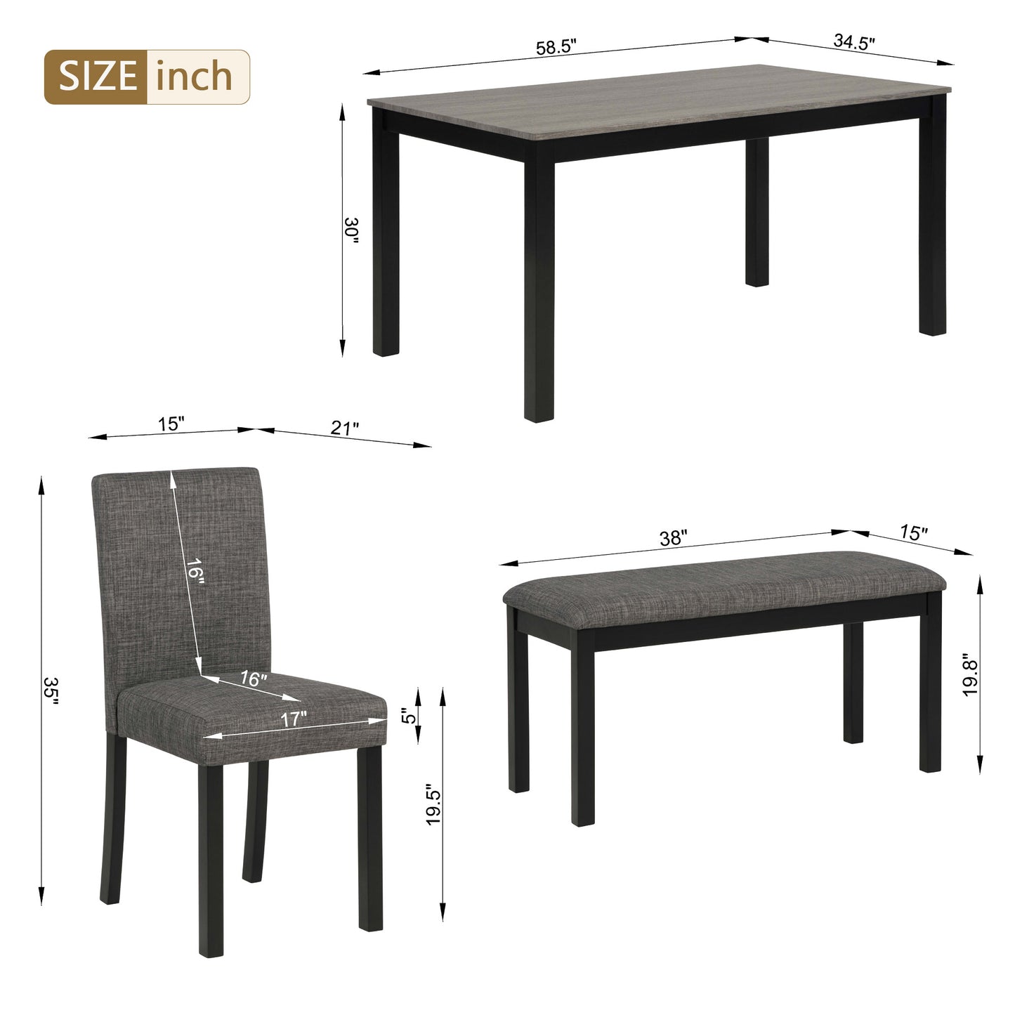 6-Piece Wooden Dining Table Set with Bench & Chairs - Light Grey & Black