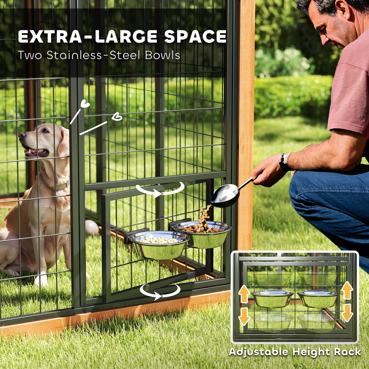 Large Outdoor Dog House with Storage Cabinet & Steel Bowls - Light Yellow