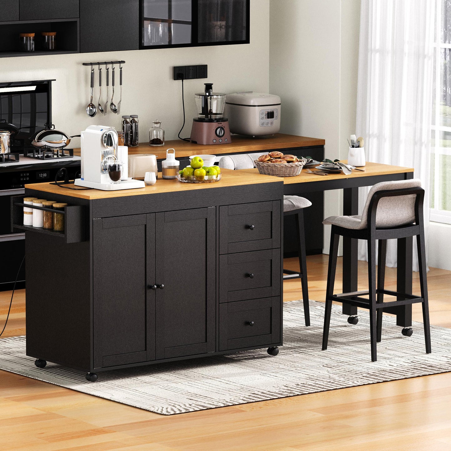 K&K 74.8 Kitchen Island With Extendable Dining Table, Storage Cart 3