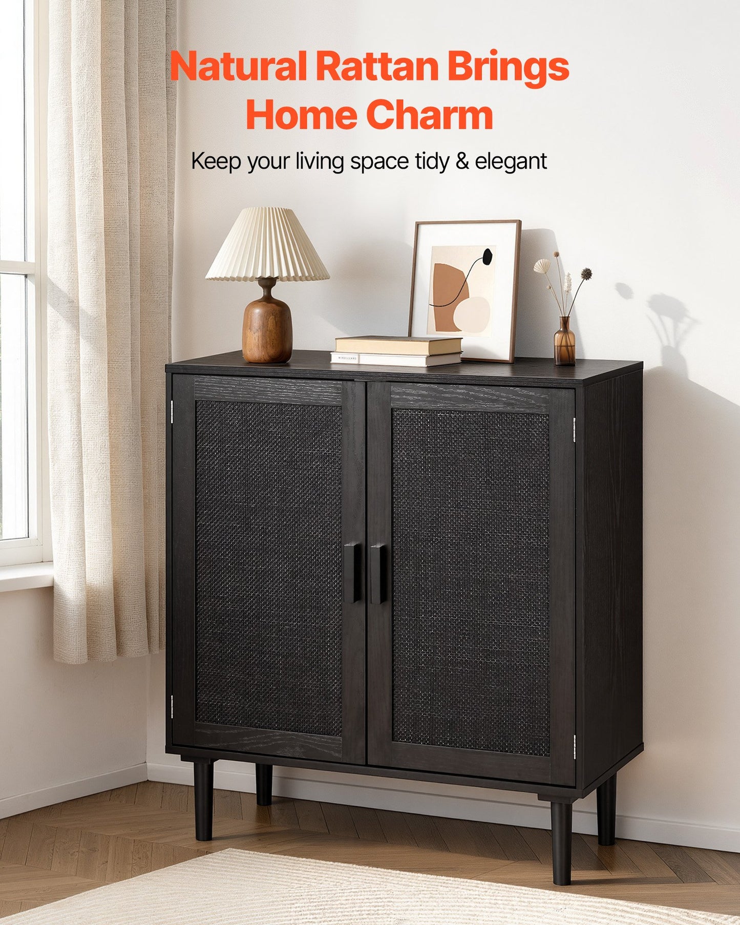 Black Rattan Storage Cabinet with Magnetic Doors & Adjustable Shelves