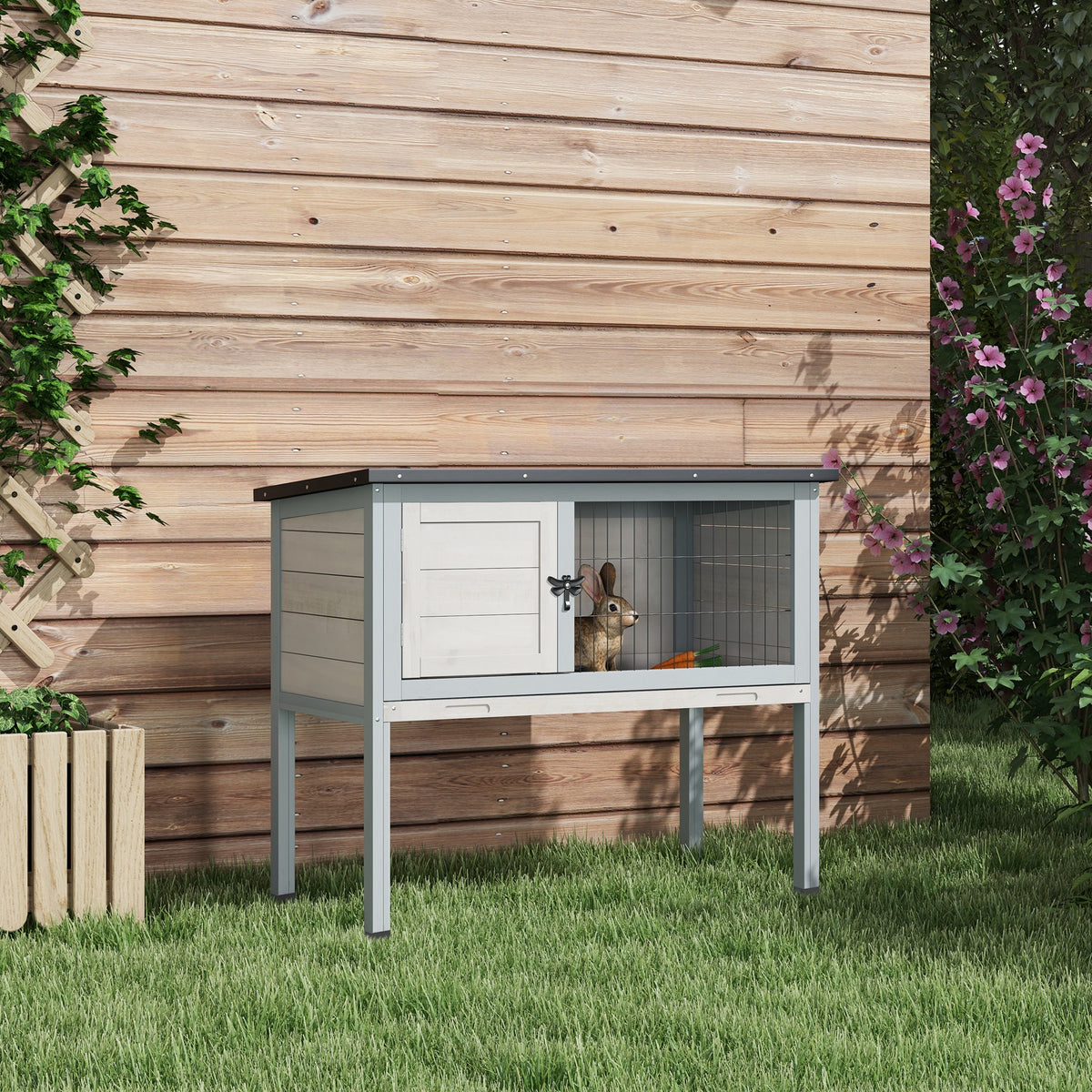 Wooden Rabbit Hutch with Asphalt Roof and Removable Tray - Indoor/Outdoor Gray