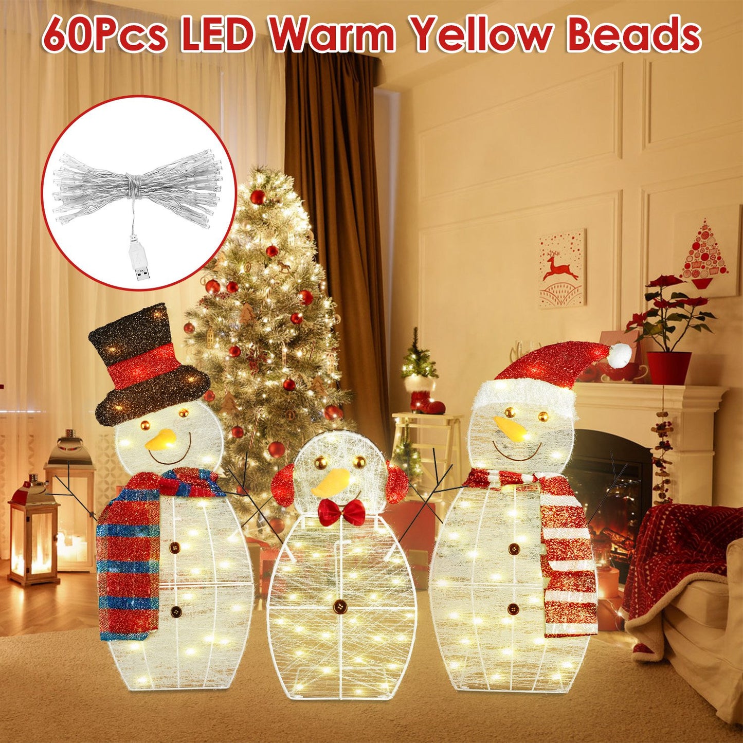 3Pcs Christmas Snowman Family Yard Decoration with LED Lights