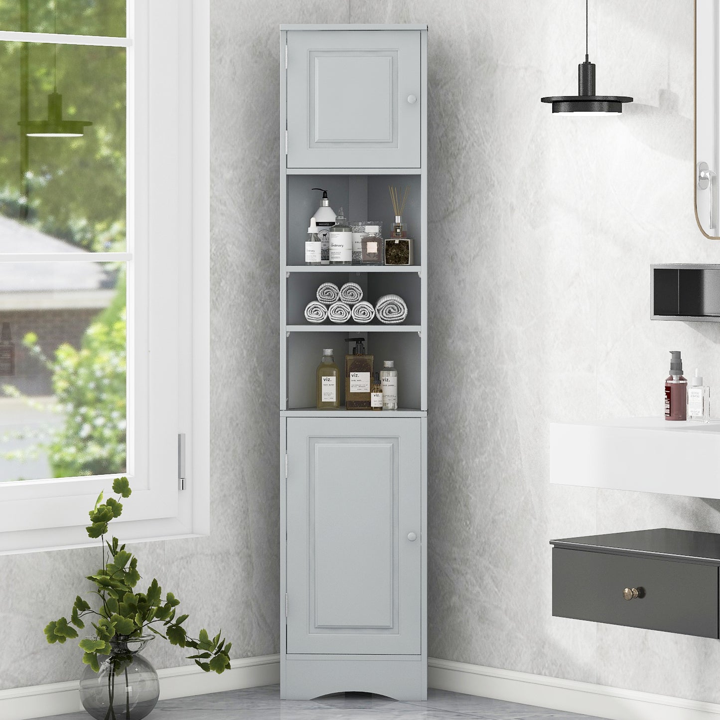 Tall Bathroom Storage Cabinet with Adjustable Shelves - Grey