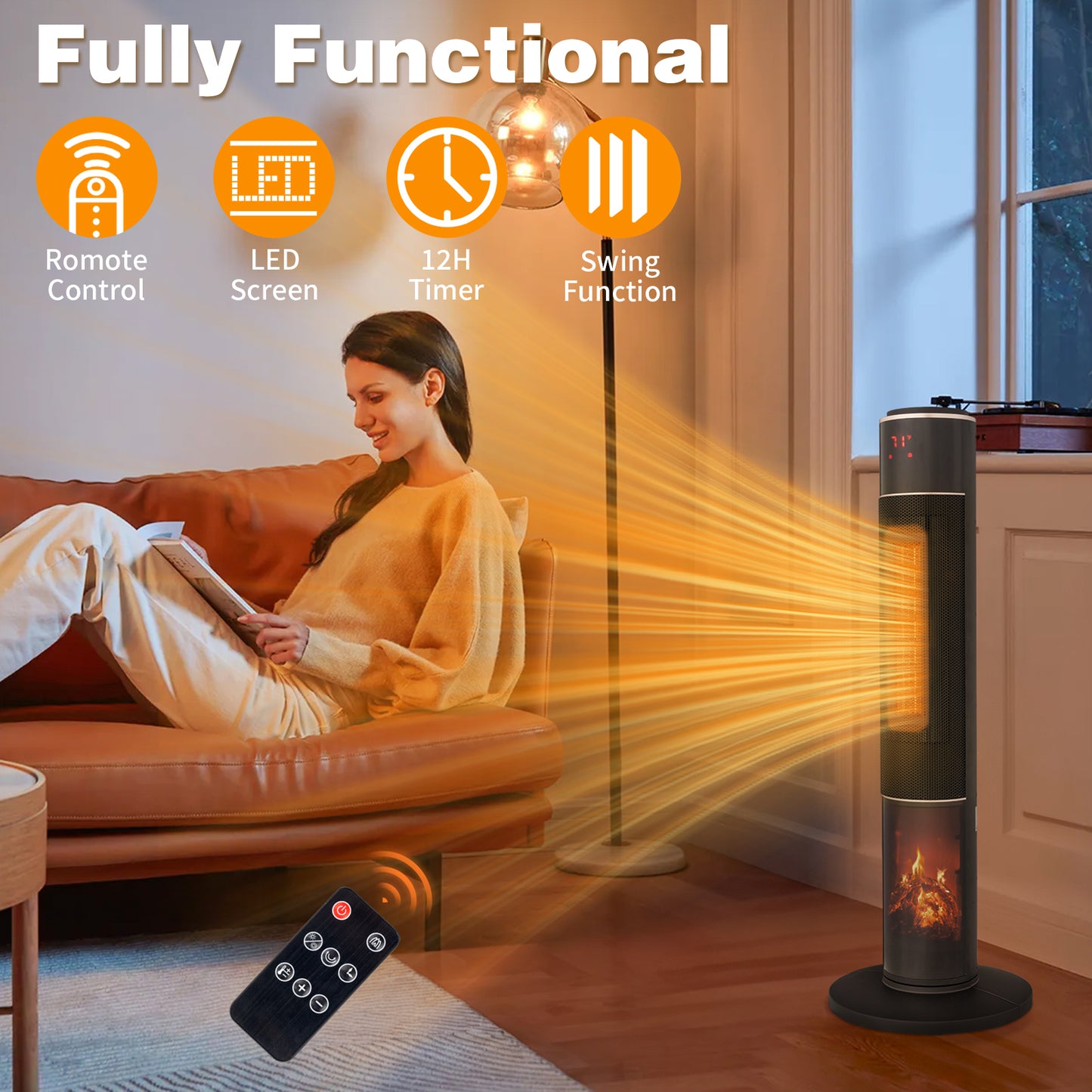 32inch Tower Space Heater with 3D Flame Effect, 1500W Portable Electric Heater with Thermostat, Oscillation, Timer & Remote