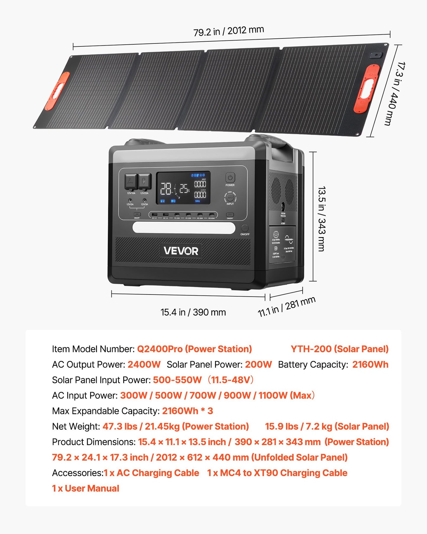 2400W Portable Solar Power Station with 2160Wh Battery & Foldable 200W Solar Panel