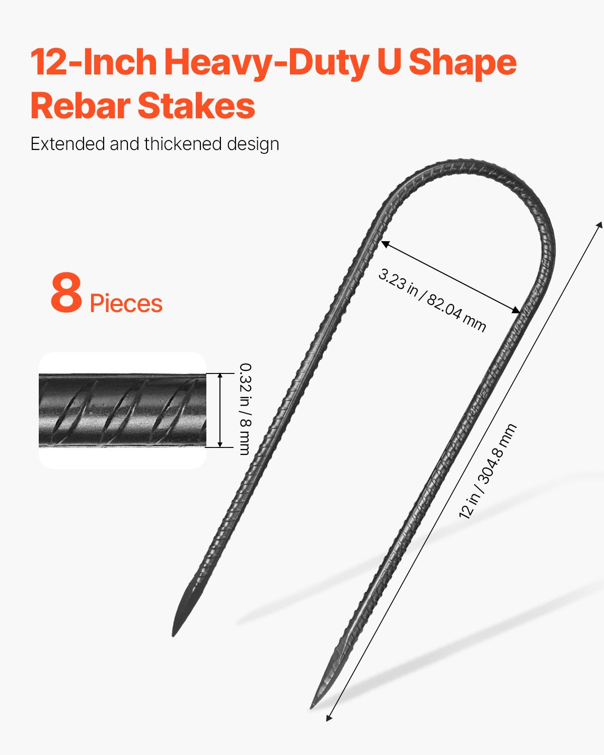 12-Inch Heavy Duty Galvanized Steel Rebar Stakes - 8 Pack Ground Anchors